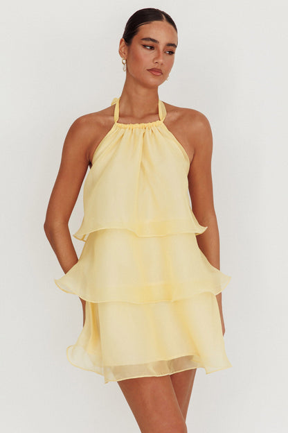 Mini abito con scollo all'americana e balze Tulips Limone