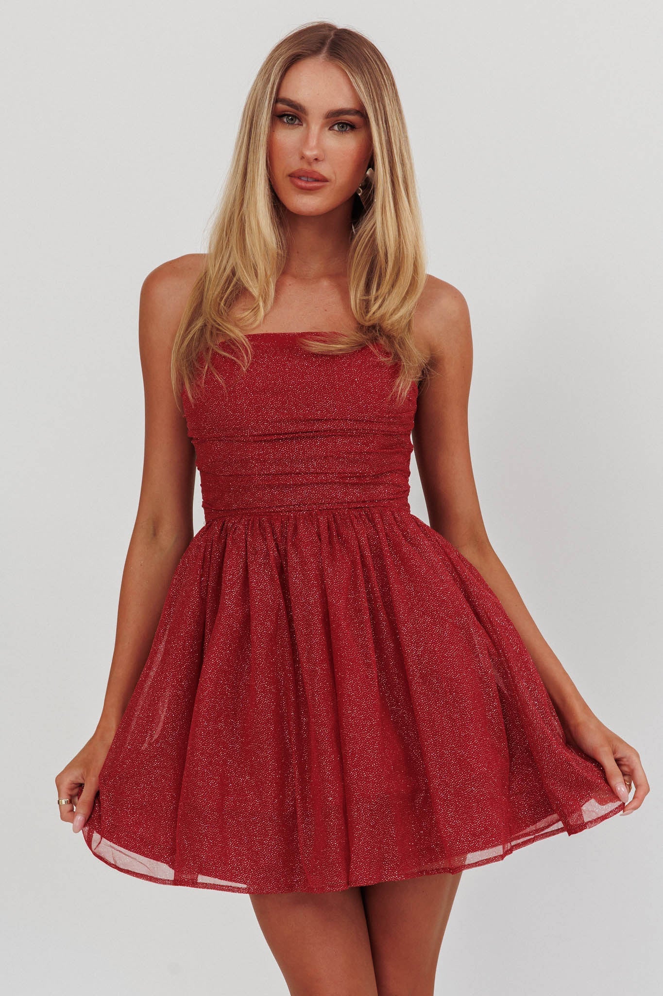 Mini abito glitterato senza spalline Guilty Pleasure rosso