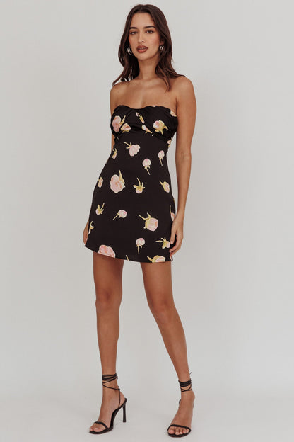 Sian Mini abito senza spalline con scollo a cuore e fiori neri