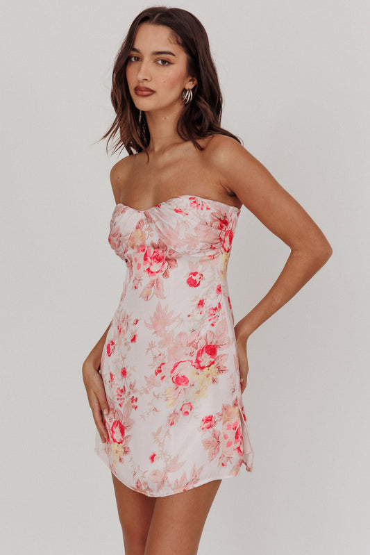 Sian Mini abito senza spalline con scollo a cuore e stampa floreale rosa