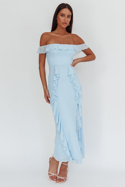 Abito lungo con volant e spalle scoperte in stile flamenco, blu
