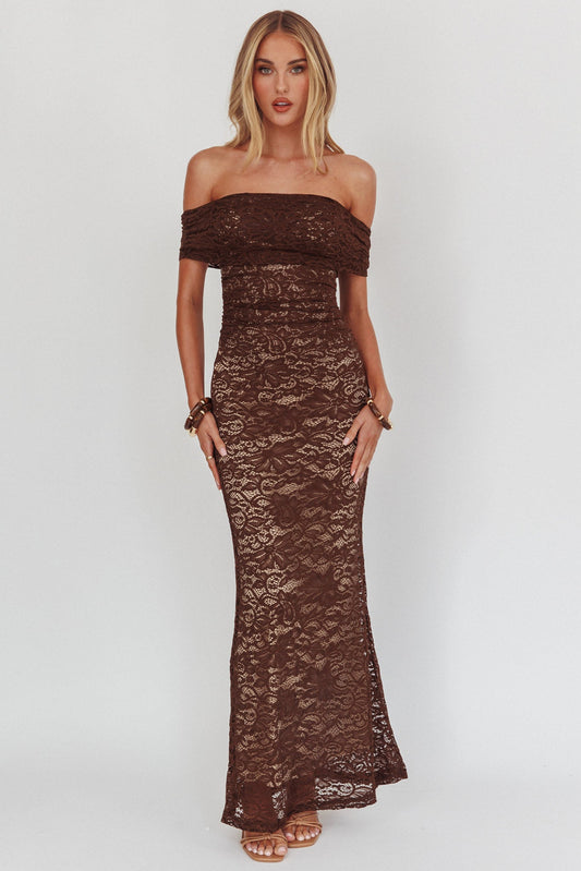 Abito lungo in pizzo con spalle scoperte Flutters Cioccolato