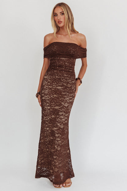 Abito lungo in pizzo con spalle scoperte Flutters Cioccolato