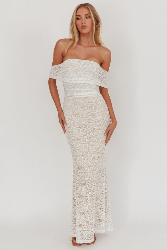 Abito lungo in pizzo con spalle scoperte Flutters bianco