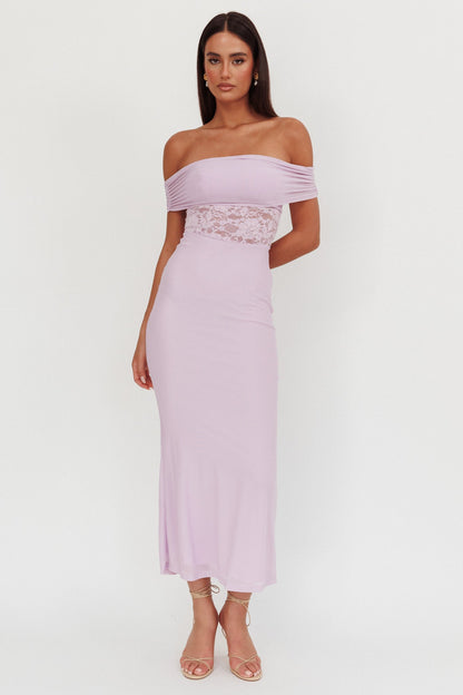 Abito lungo con inserti in pizzo e spalle scoperte Flutters Lilla