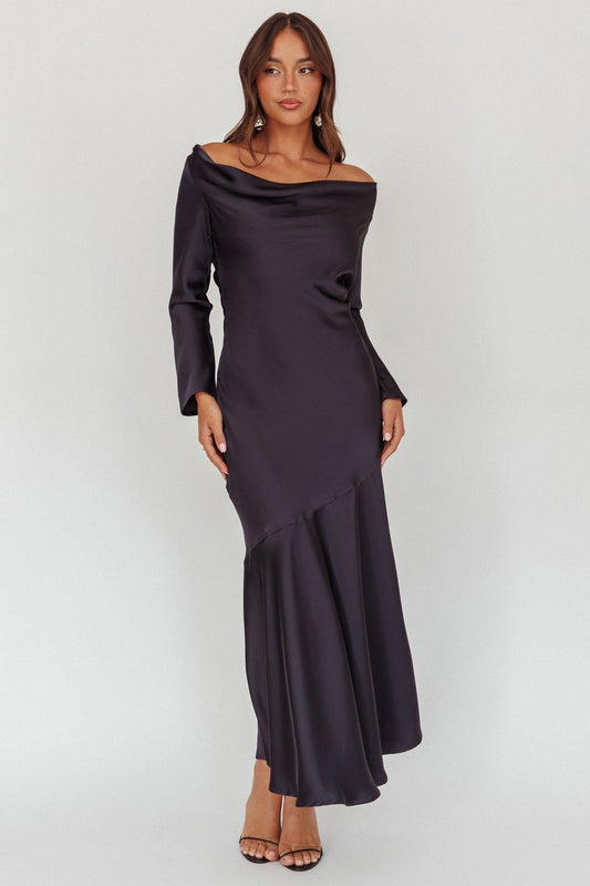 Abito lungo Cecilia con maniche lunghe e drappeggio sulla schiena, blu navy