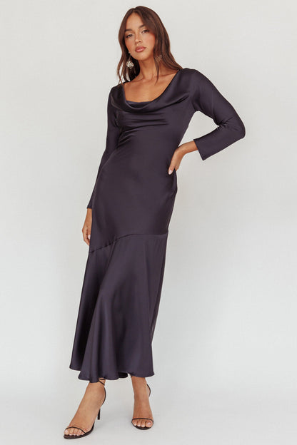 Abito lungo Cecilia con maniche lunghe e drappeggio sulla schiena, blu navy