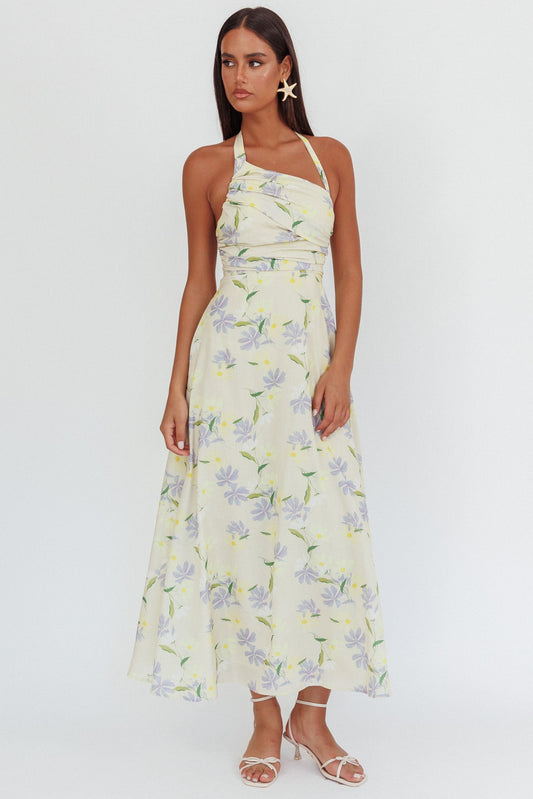 Abito lungo Auriana con scollo asimmetrico e scollo all'americana, floreale e limone