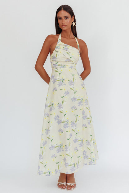 Abito lungo Auriana con scollo asimmetrico e scollo all'americana, floreale e limone