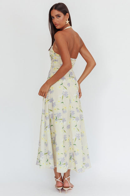 Abito lungo Auriana con scollo asimmetrico e scollo all'americana, floreale e limone