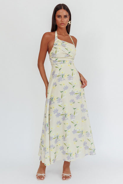 Abito lungo Auriana con scollo asimmetrico e scollo all'americana, floreale e limone