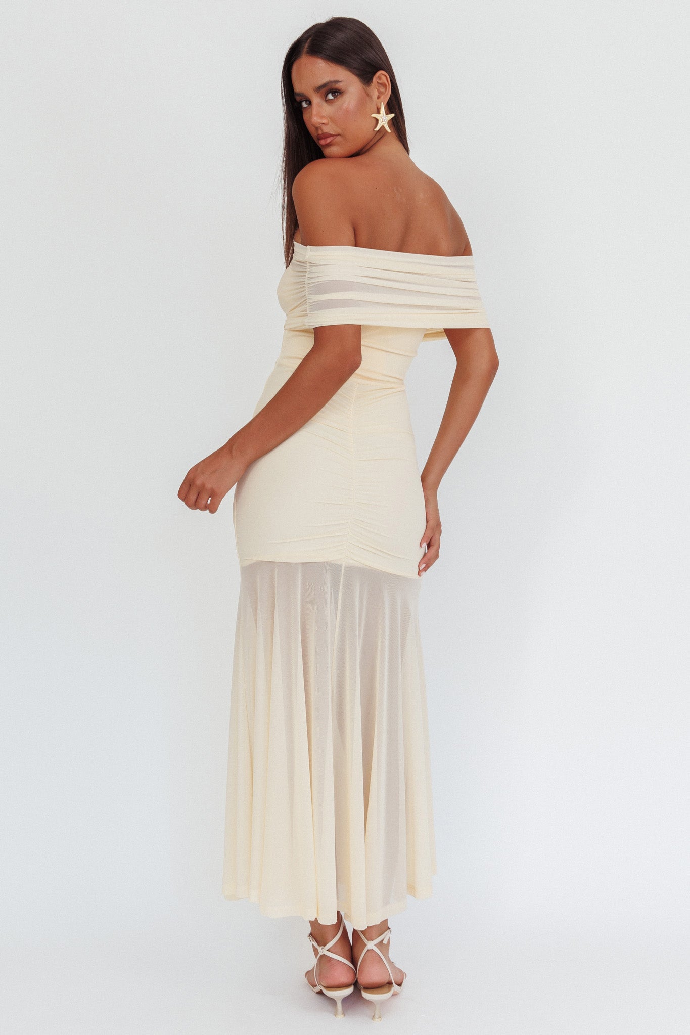 Abito lungo arricciato trasparente Clarita color crema