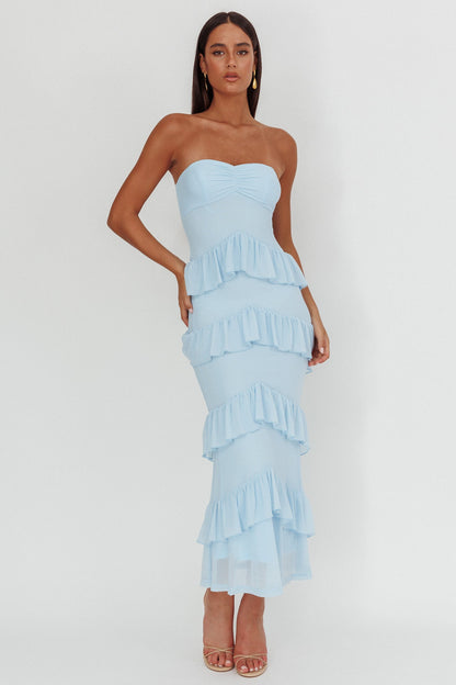 Abito lungo con scollo a cuore e volant Dulce Dreams blu