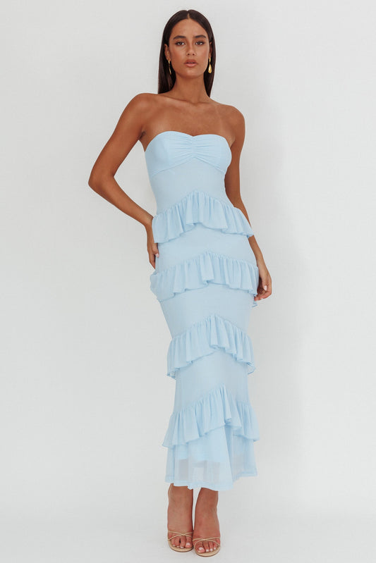 Abito lungo con scollo a cuore e volant Dulce Dreams blu