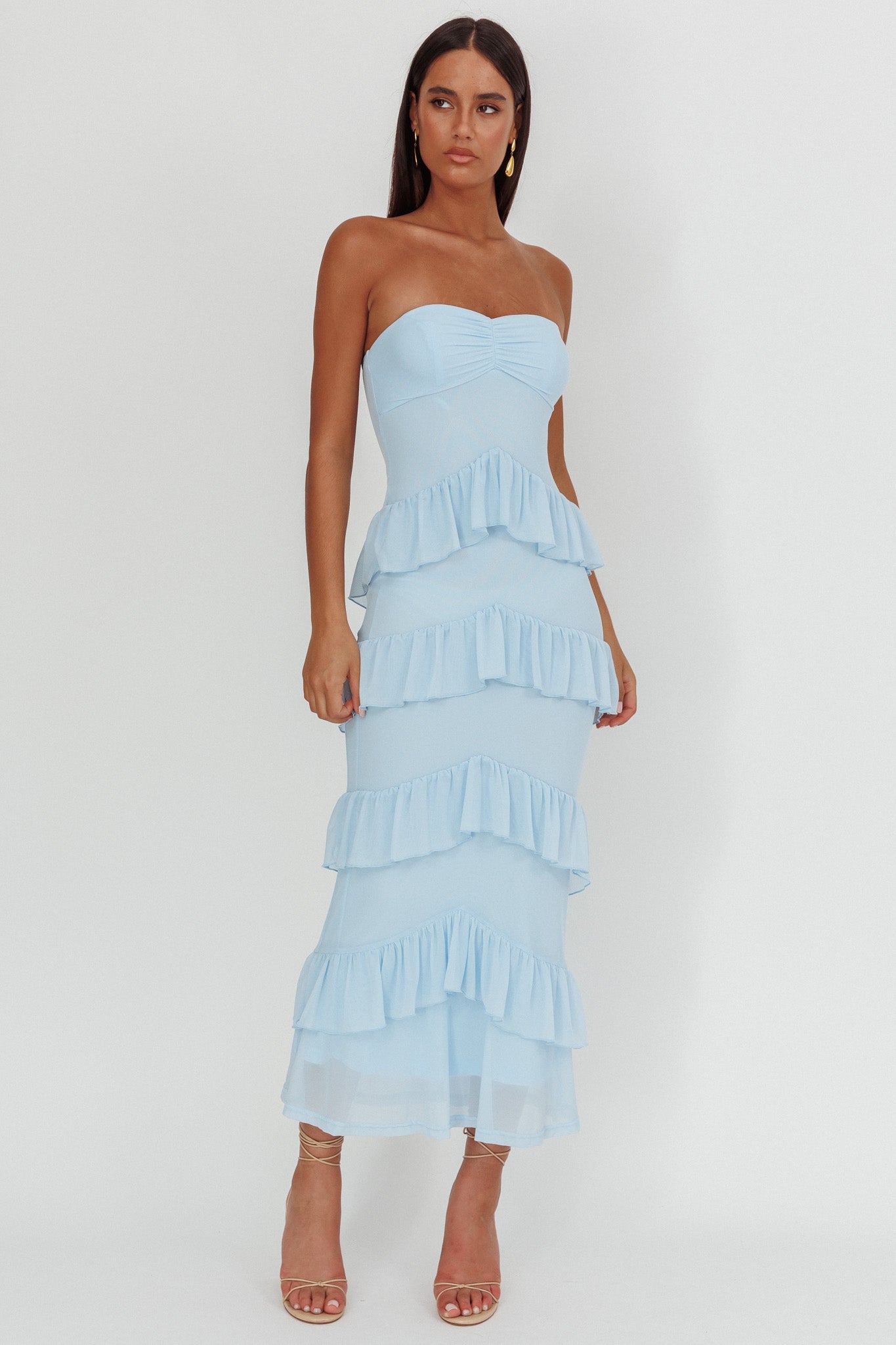 Abito lungo con scollo a cuore e volant Dulce Dreams blu