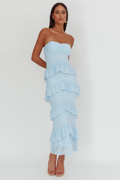 Abito lungo con scollo a cuore e volant Dulce Dreams blu
