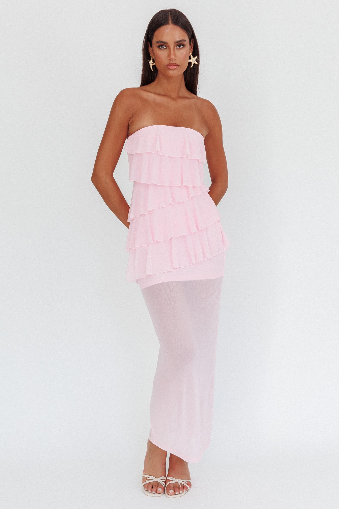 Abito lungo con volant senza spalline Crewe rosa