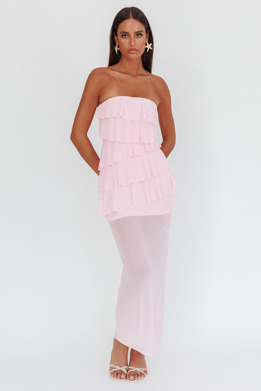 Abito lungo con volant senza spalline Crewe rosa