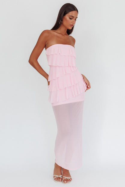 Abito lungo con volant senza spalline Crewe rosa