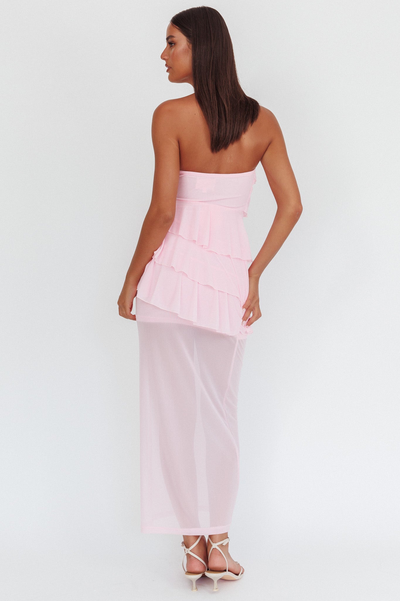 Abito lungo con volant senza spalline Crewe rosa