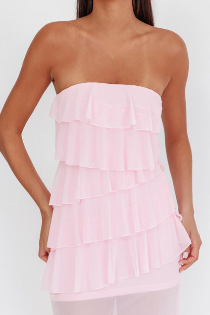 Abito lungo con volant senza spalline Crewe rosa