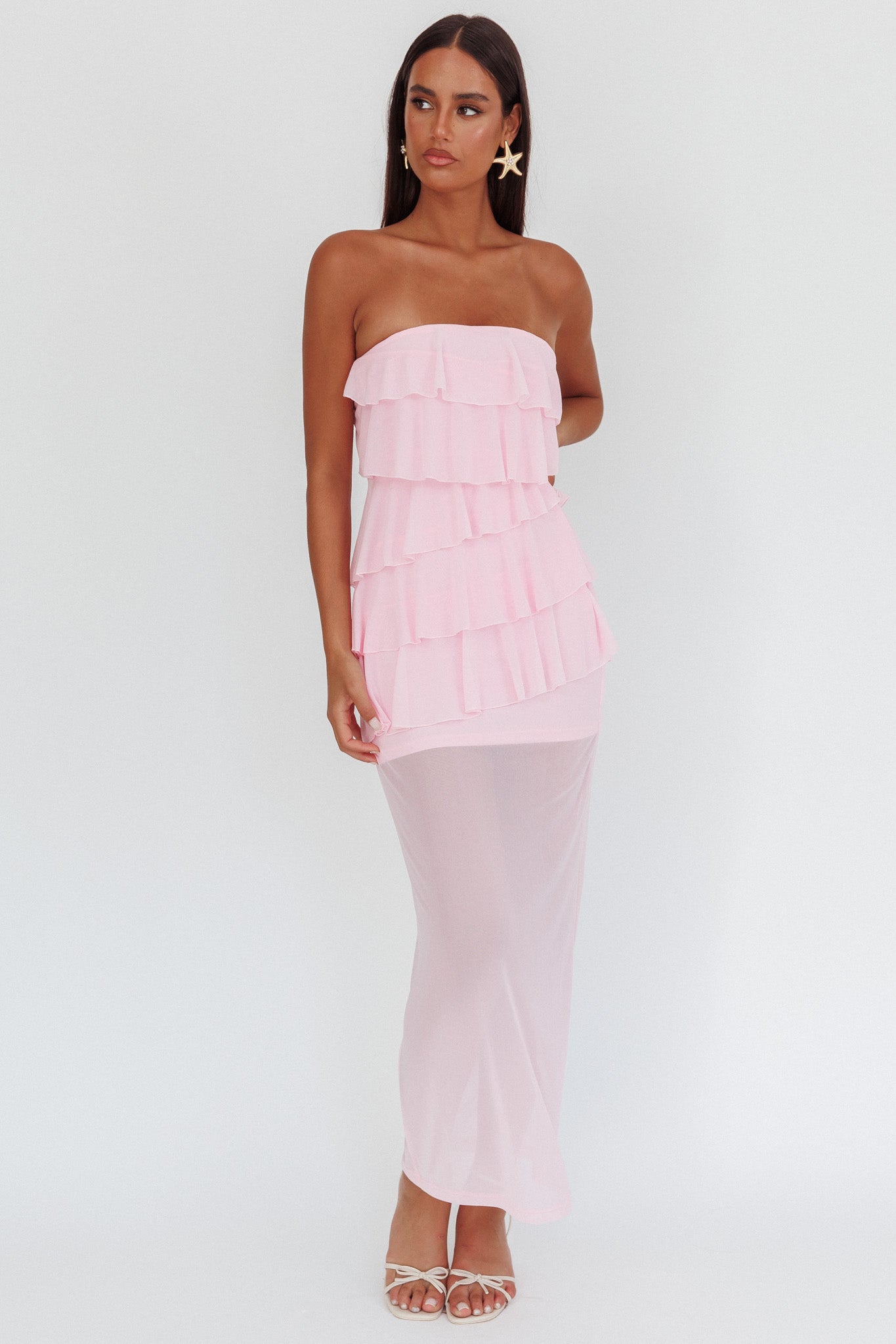 Abito lungo con volant senza spalline Crewe rosa