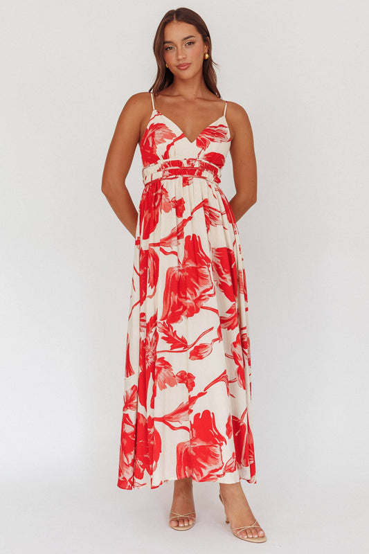 Abito lungo con vita arricciata Sunny Afternoon, rosa floreale