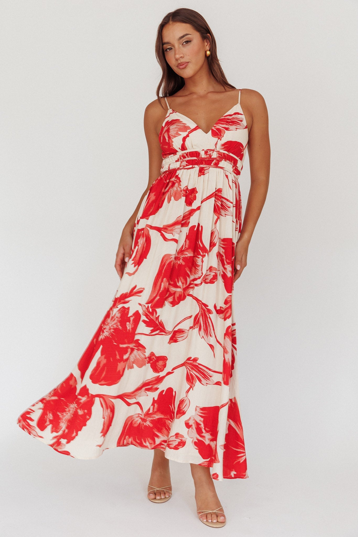 Abito lungo con vita arricciata Sunny Afternoon, rosa floreale