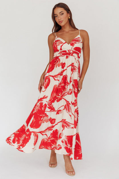 Abito lungo con vita arricciata Sunny Afternoon, rosa floreale