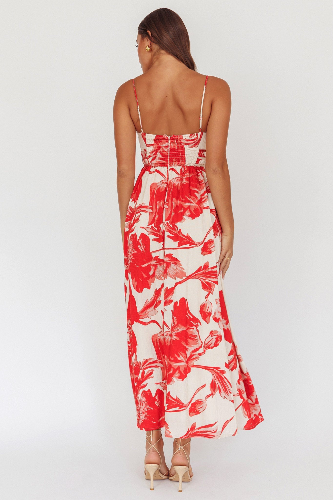 Abito lungo con vita arricciata Sunny Afternoon, rosa floreale
