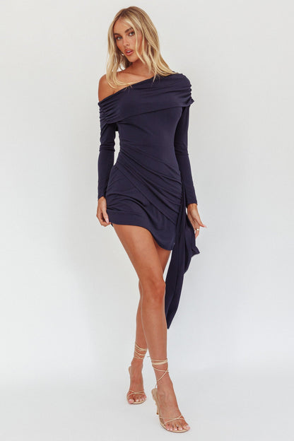 Afroditi Mini abito blu navy con fascia laterale drappeggiata