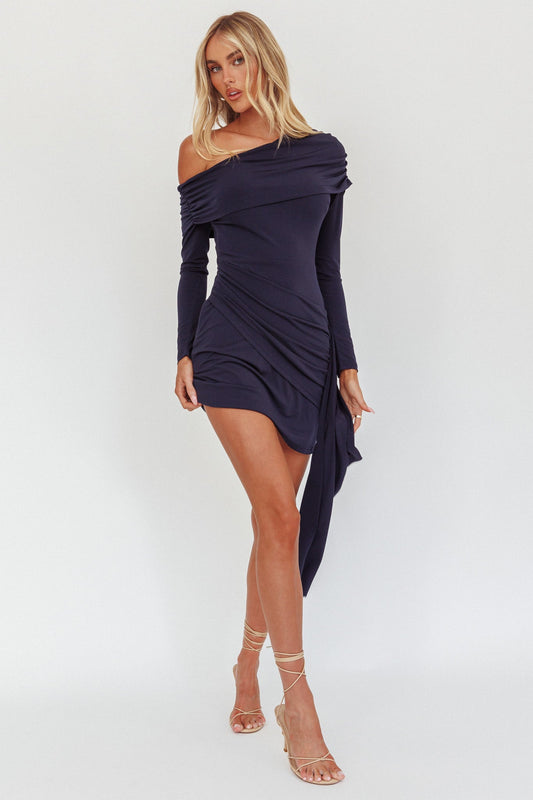 Afroditi Mini abito blu navy con fascia laterale drappeggiata