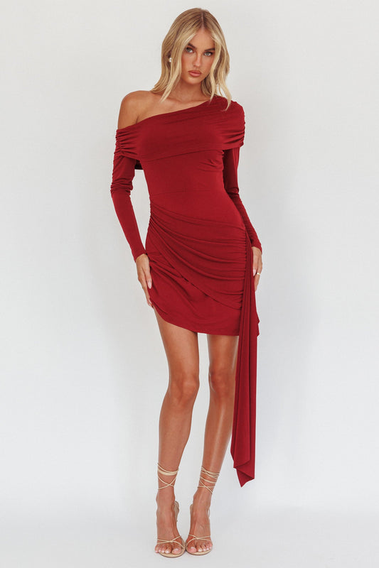 Afroditi Mini abito drappeggiato con fascia laterale vino