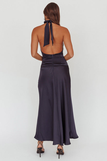 Abito lungo con scollo all'americana e vita bassa Elcie, blu navy
