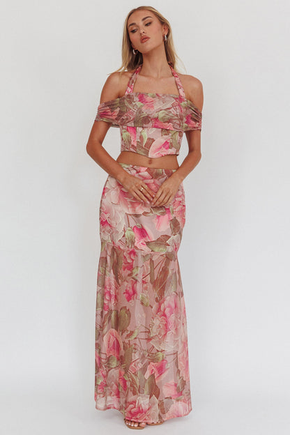 Top corto con scollo all'americana alto Sunset Floral Blush