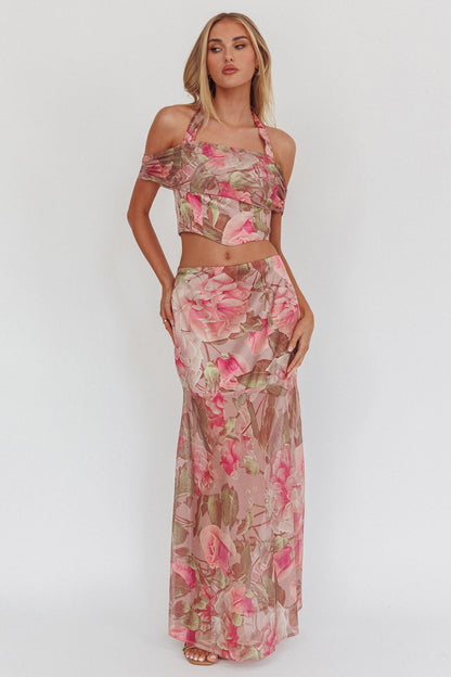 Top corto con scollo all'americana alto Sunset Floral Blush