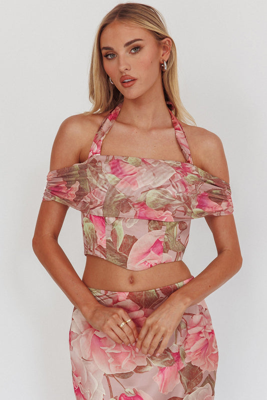 Top corto con scollo all'americana alto Sunset Floral Blush