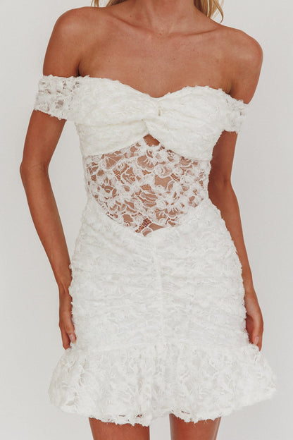 Mini abito in pizzo con spalle scoperte All The Lights, bianco