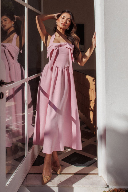 Abito lungo con fiocco e scollo all'americana Ariarna, rosa sorbetto