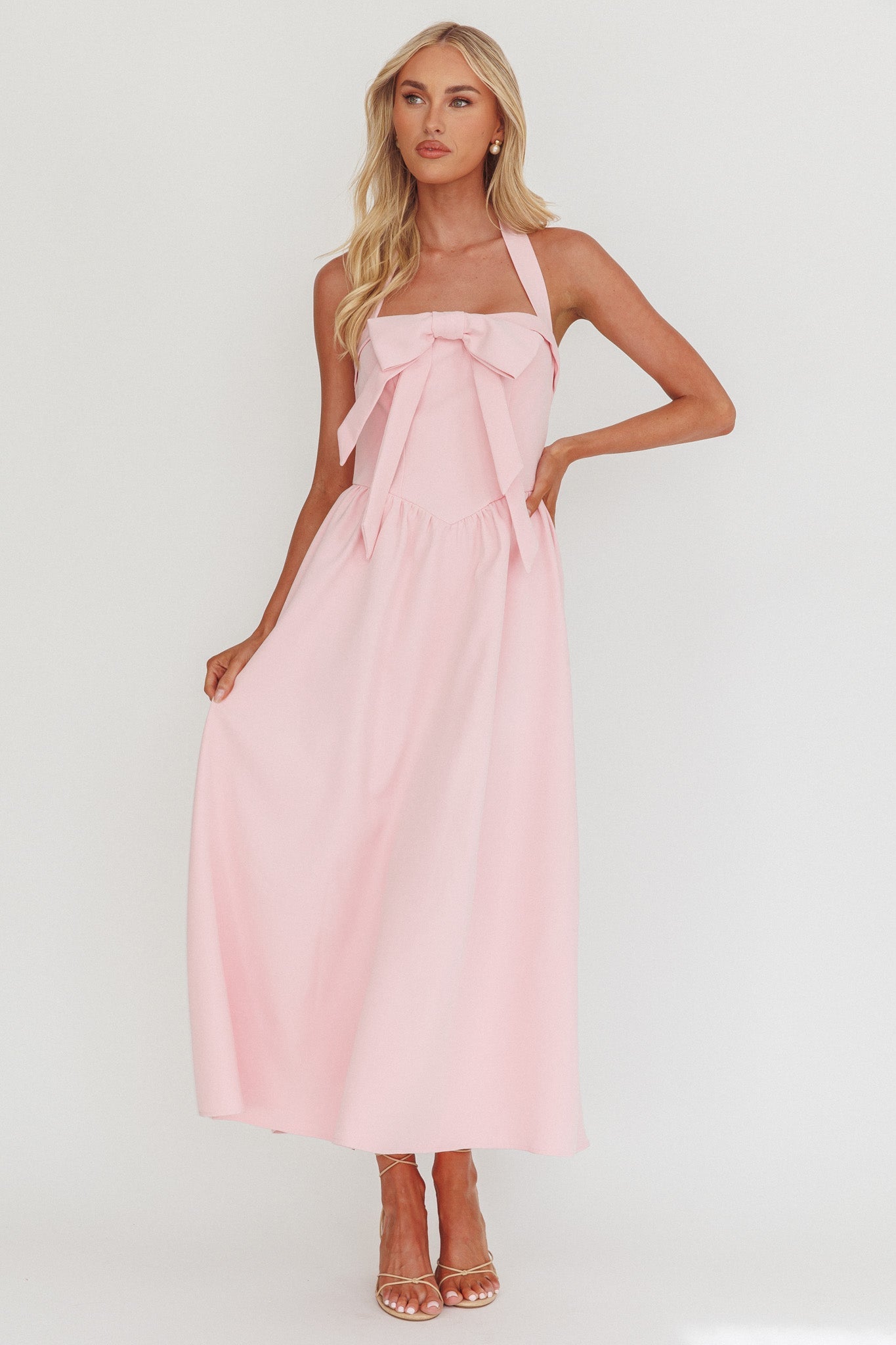 Abito lungo con fiocco e scollo all'americana Ariarna, rosa sorbetto