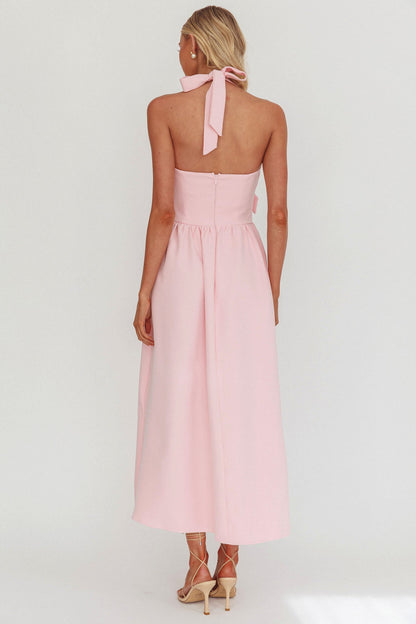 Abito lungo con fiocco e scollo all'americana Ariarna, rosa sorbetto