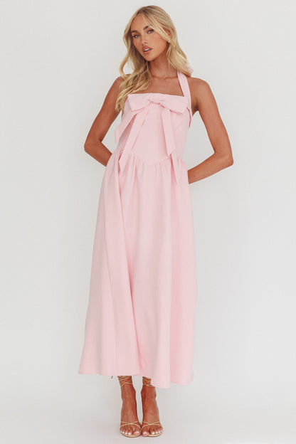 Abito lungo con fiocco e scollo all'americana Ariarna, rosa sorbetto