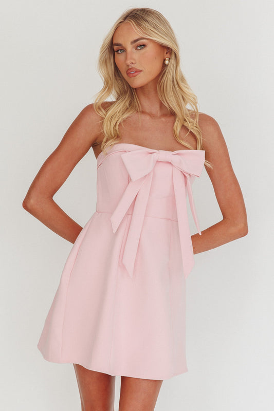 Mini abito con fiocco senza spalline e busto a forma di lecca-lecca, colore rosa sorbetto