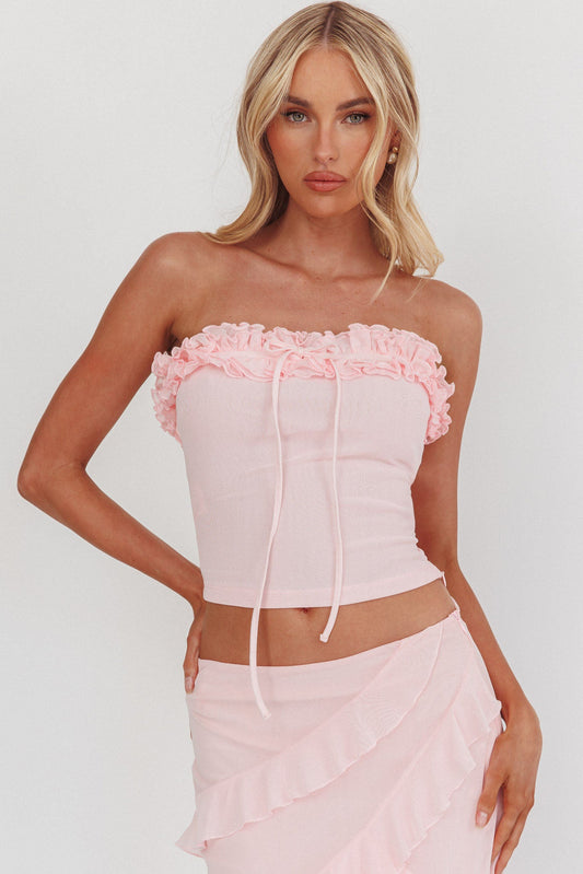 Top senza spalline con volant color zucchero glassato rosa
