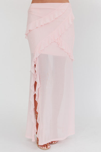 Gonna midi con spacco e volant color zucchero glassato, rosa