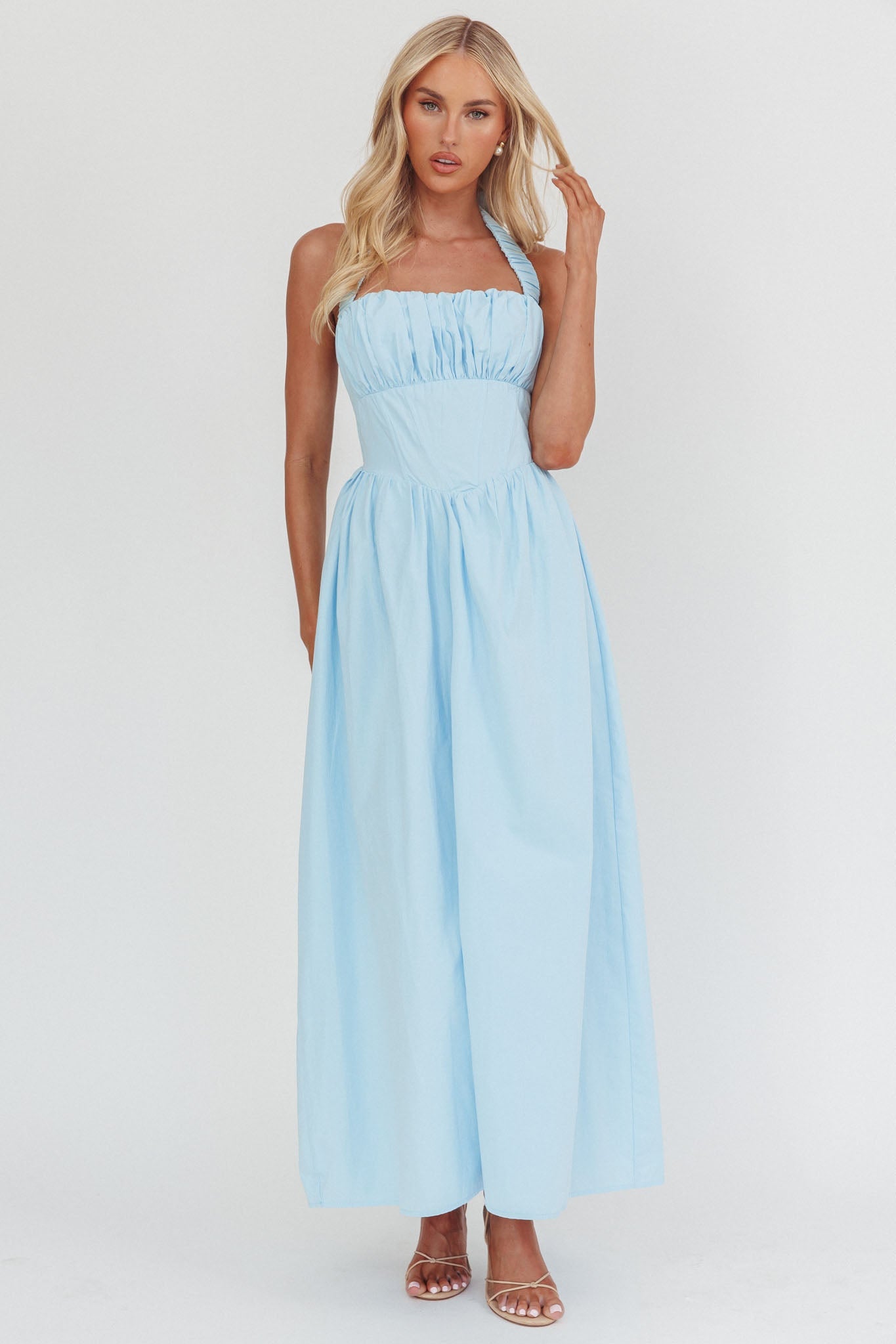 Abito lungo elasticizzato Irisa con scollo all'americana, blu ghiaccio