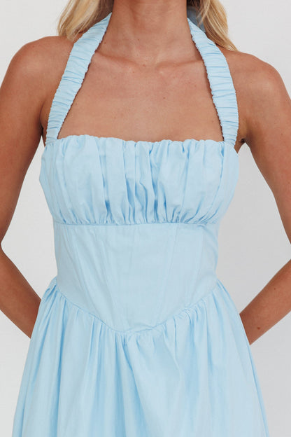 Abito lungo elasticizzato Irisa con scollo all'americana, blu ghiaccio