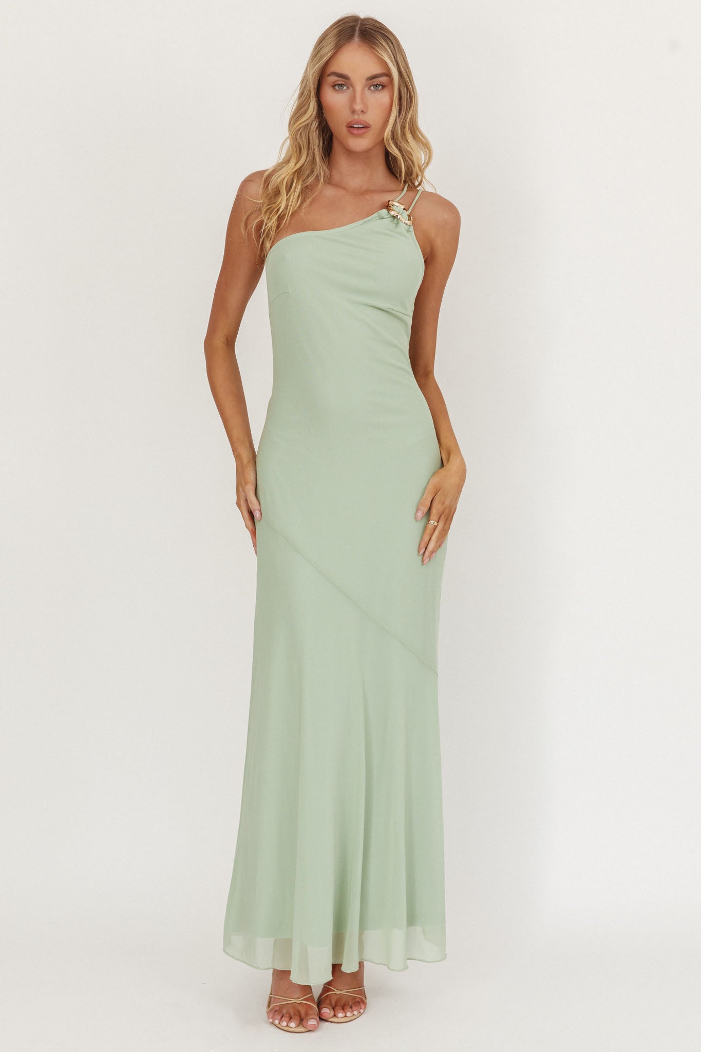 Abito lungo monospalla con fibbia We Belong Together, colore menta