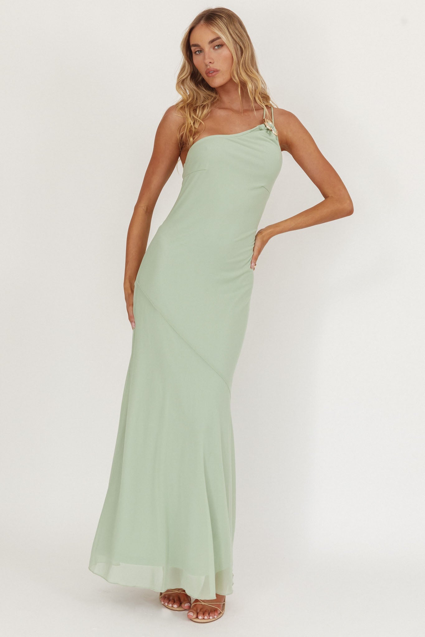 Abito lungo monospalla con fibbia We Belong Together, colore menta