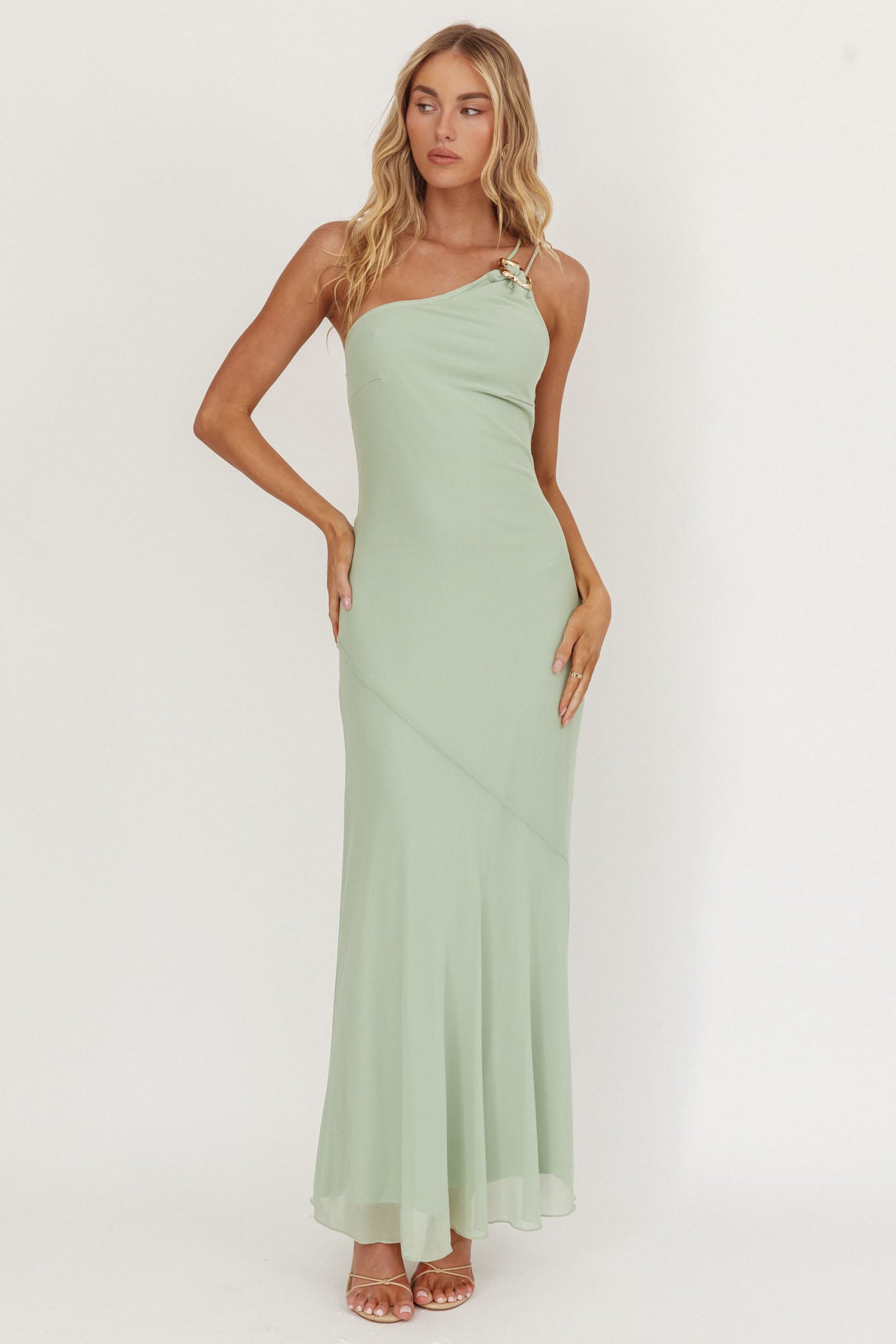 Abito lungo monospalla con fibbia We Belong Together, colore menta